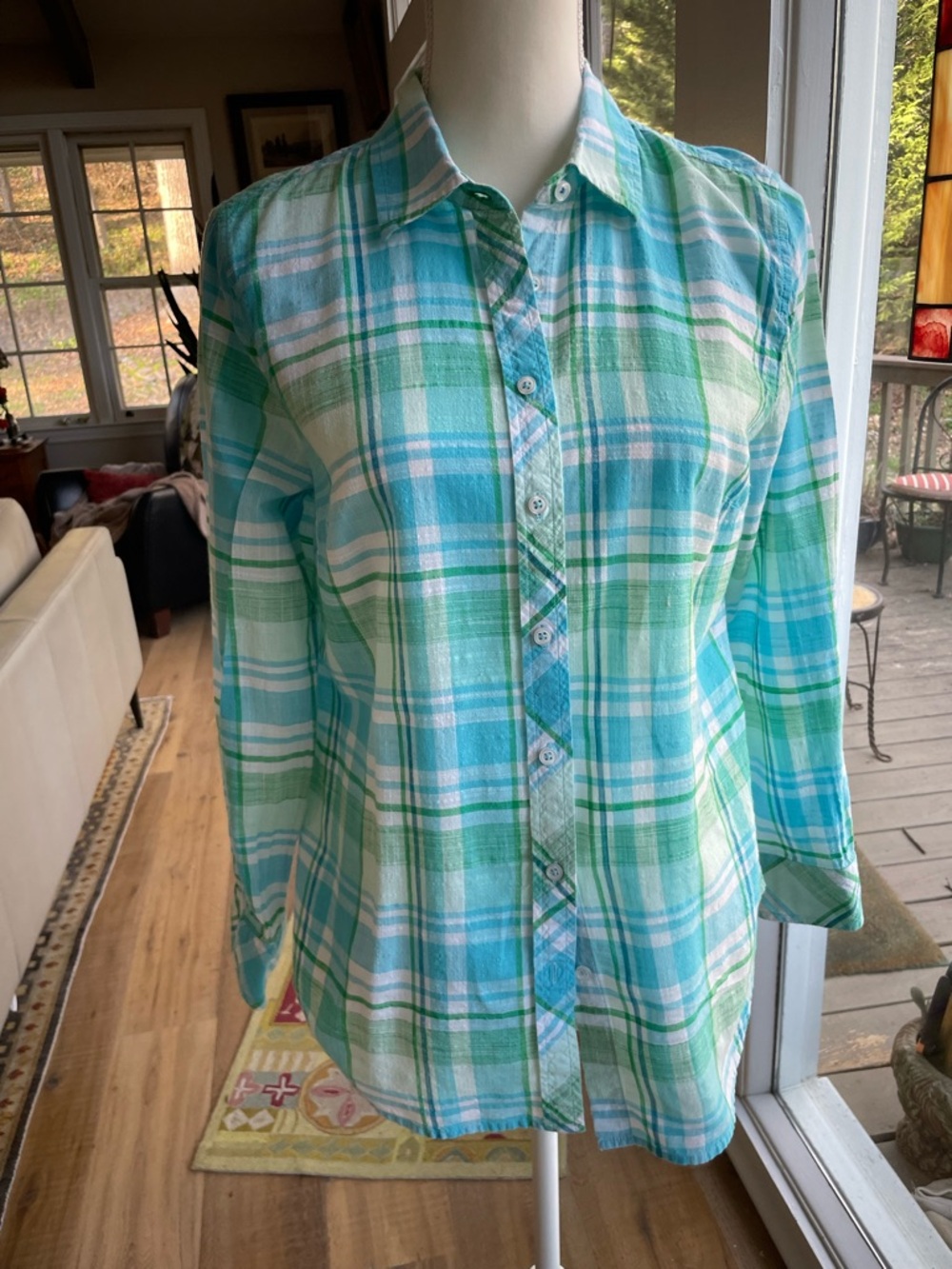 Talbots Turquoise & Seafoam (sea plaid) Plaid Button-Front long sleeve Shirt